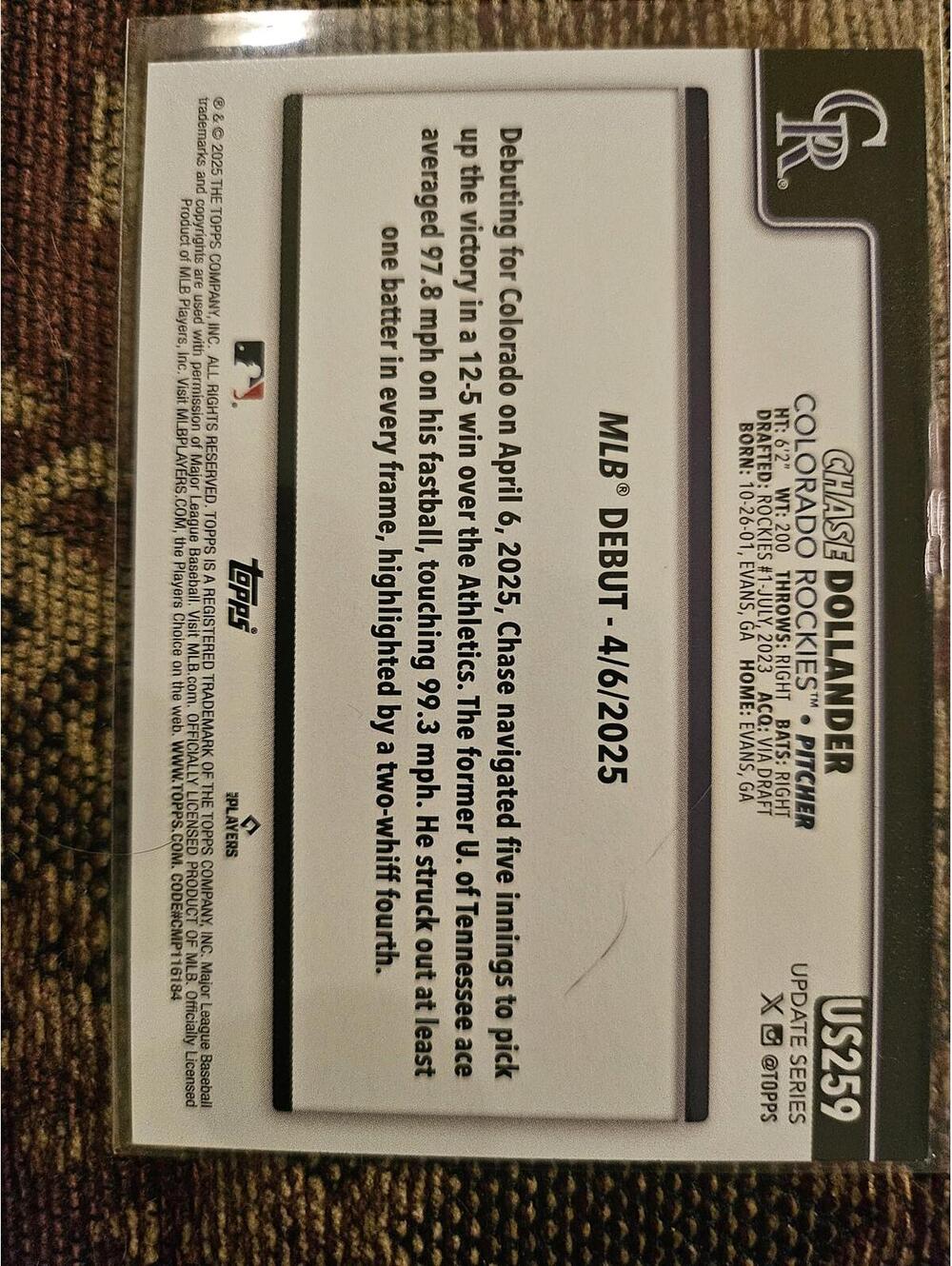 2025 Topps Update - Chase Dollander - RC  #US259 - Rockies - RAW Mint - Picture 2 of 2